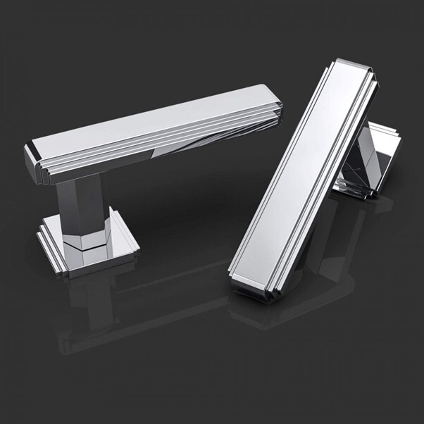 Art Deco style furniture hardware handles in polished chrome with stepped geometric design and curved edges.
