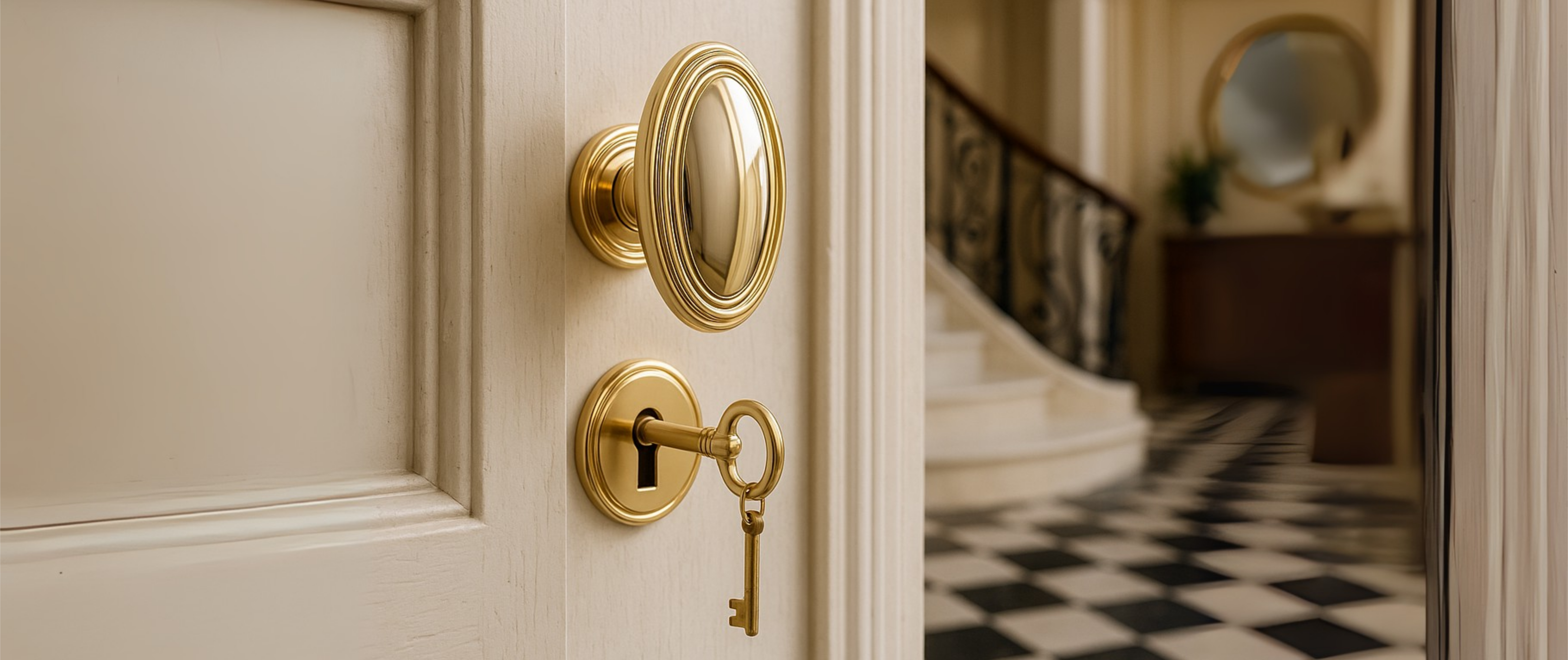 Luxury oval brass architectural hardware design with a door knob and matching keyhole on a white panel door, revealing a grand foyer with a checkered floor.